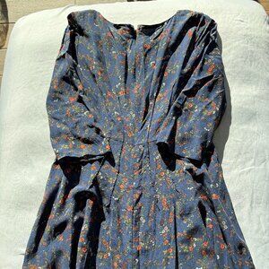 Madewell silk navy blue floral knee length dress size 10
